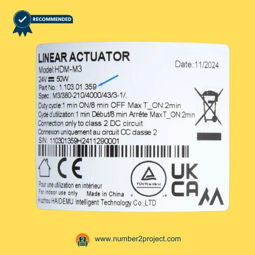 HDM-M3 linear actuator label showing 24V 50W specifications part number 1103.01.359 duty cycle recliner motor sticker close up Number2project