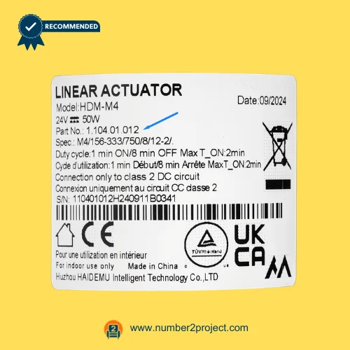HDM-M4 linear actuator label showing 24V 50W specifications part number 1104.01.012 duty cycle recliner motor sticker close up Number2project