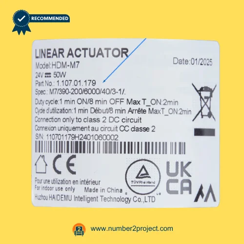 HDM-M7 linear actuator label showing 24V specifications part number 1107.01.179 duty cycle and serial details recliner motor sticker Number2project