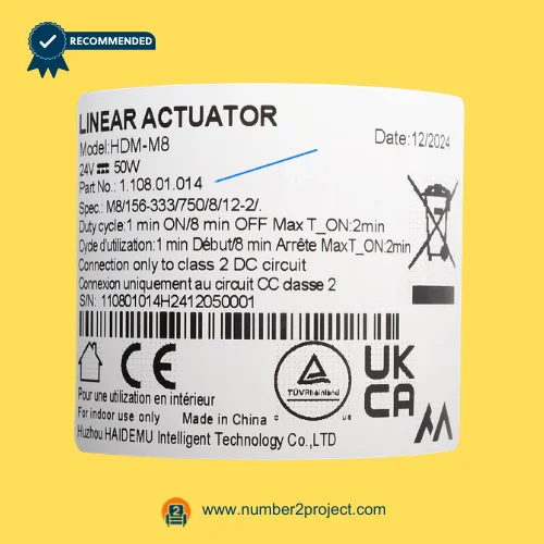 HDM-M8 linear actuator label showing 24V 5.0A specifications part number 1108.01.014 duty cycle recliner motor sticker close up Number2project