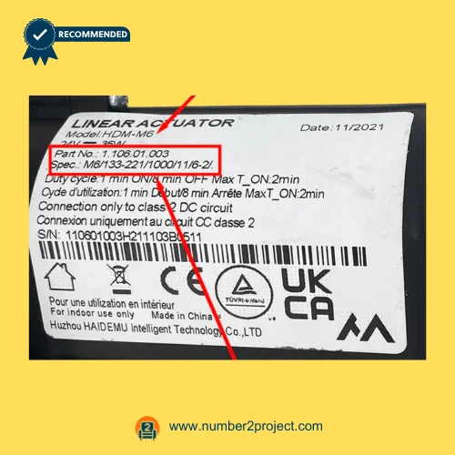 HDM-M6 linear actuator label showing model HDAM-M6 part number 1106.01.003 specifications duty cycle and serial number recliner actuator sticker Number2project