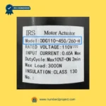 IRS DDG110-450/260-H motor actuator label close up showing 110V voltage 3000N load massage chair backrest actuator specifications Number2project
