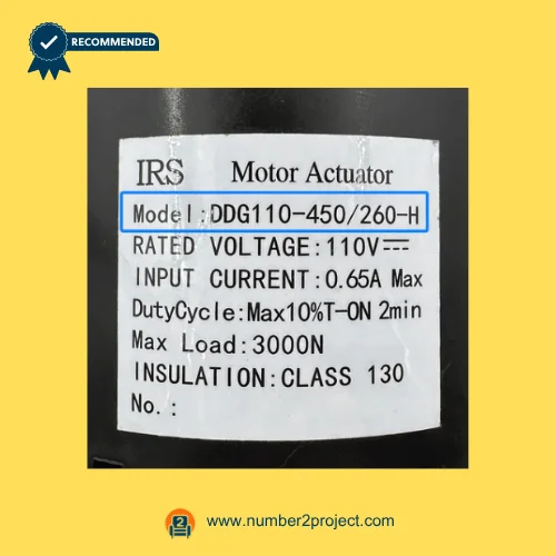 IRS DDG110-450/260-H motor actuator label close up showing 110V voltage 3000N load massage chair backrest actuator specifications Number2project