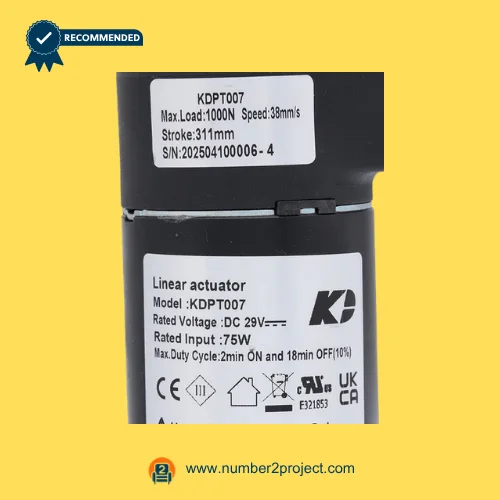 KDPT007 linear actuator label specifications DC29V 75W 1000N 311mm stroke 38mm per second recliner lift chair motor close up Number2project