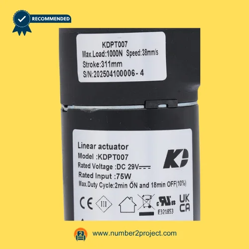 KDPT007 linear actuator motor label close up showing 311mm stroke 1000N load 29V DC specifications recliner actuator sticker Number2project
