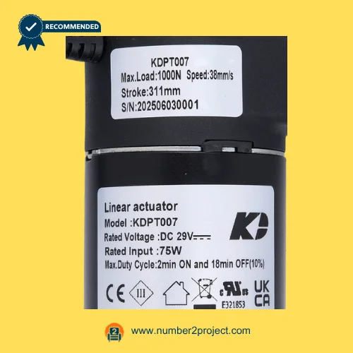 KDPT007 linear actuator label showing 311mm stroke 1000N load 29V DC specifications recliner motor sticker close up motion furniture Number2project