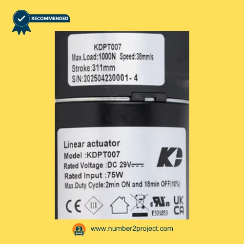 KDPT007 linear actuator label close up showing 1000N load 311mm stroke DC 29V recliner lift chair motor specifications Number2project