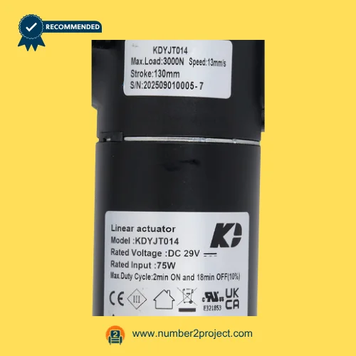 KDYJT014 linear actuator motor label close up showing specifications DC 29V 75W recliner lift chair actuator replacement motion furniture part Number2project