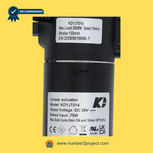 KDYJT014 linear actuator label showing 29V DC input 75W rating 3000N load capacity 130mm stroke recliner lift chair motor close up Number2project