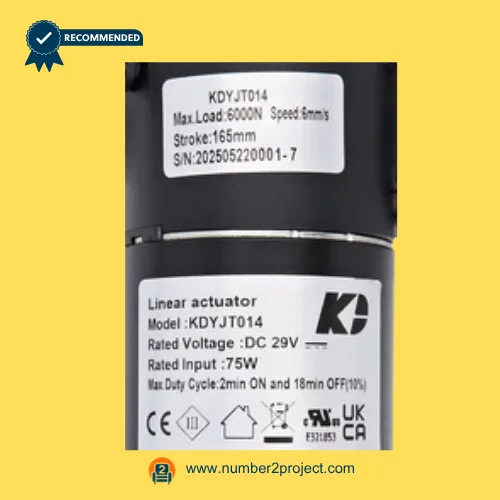 KDYJT014 linear actuator label showing 165mm stroke 6000N load 29V DC 75W specifications recliner motor sticker close up Number2project