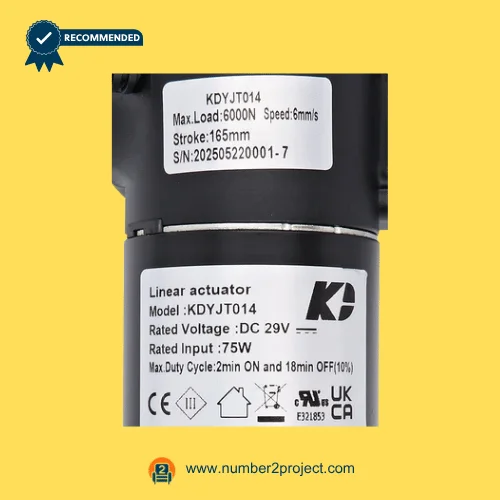 KDYJT014 linear actuator label showing 29V DC input 75W rating 6000N load capacity and 165mm stroke for recliner lift chair motor close up Number2project