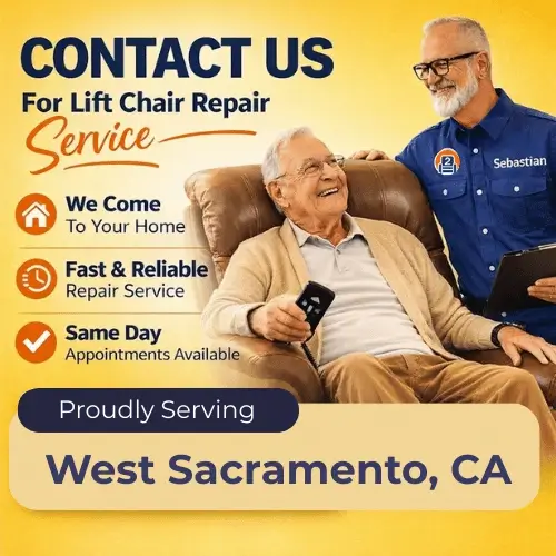 Sebastian from Number2project providing mobile lift chair repair service to a senior customer at home in West Sacramento California