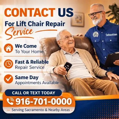 mobile lift chair repair technician helping senior in medical power lift chair recliner repair service by Number2project