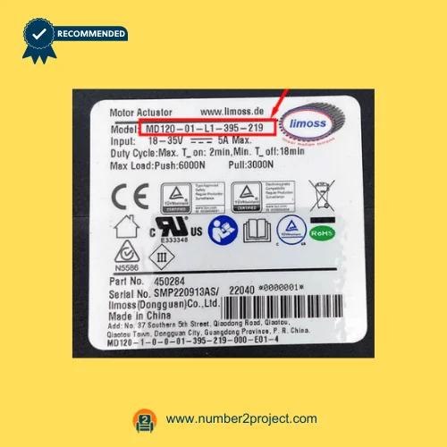 Limoss MD120-01-L1-395-219 linear actuator specification label showing 18–35V input 5A max with 6000N push and 3000N pull rating for recliner lift chair actuator Number2project
