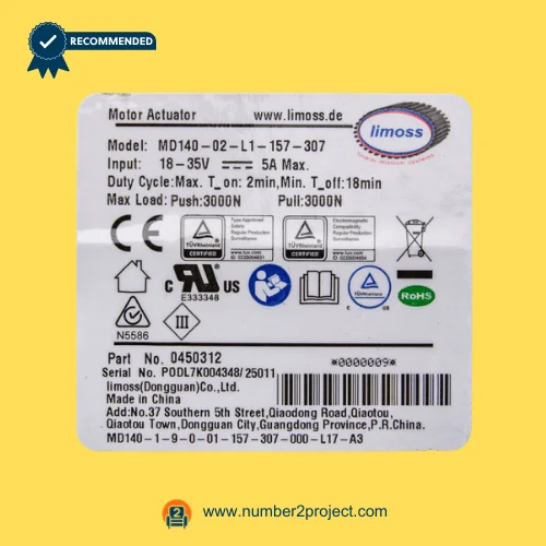 Limoss MD140-02-L1-157-307 linear actuator specification label showing 18–35V input 5A max and 3000N push pull load rating for recliner lift chair motor Number2project