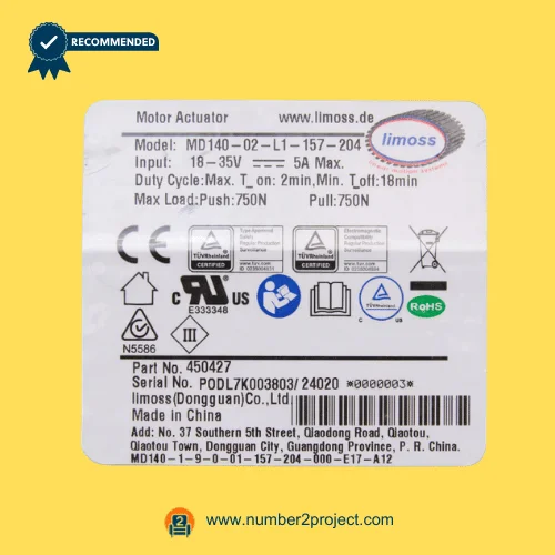 Limoss MD140-02-L1-157-204 linear actuator specification label showing 18–35V input 5A max and 750N push pull load rating for recliner lift chair actuator Number2project