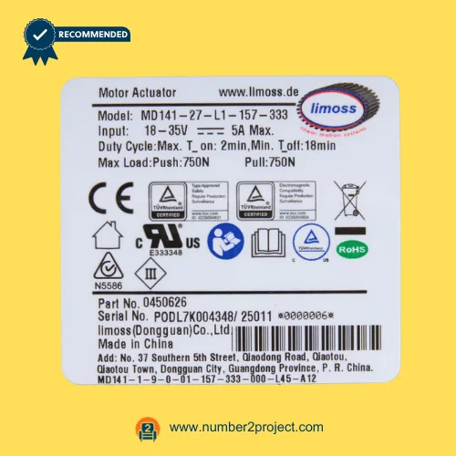 Limoss MD141-27-L1-157-333 linear actuator specification label showing 18–35V input 5A max and 750N push pull load rating for recliner lift chair motor Number2project