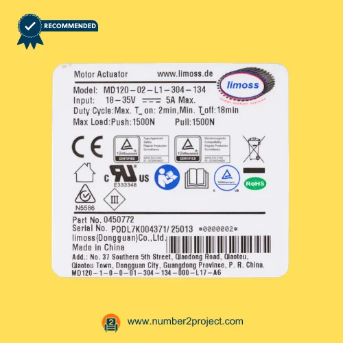 Limoss MD120-02-L1-304-134 linear actuator specification label showing 18–35V input 5A max and 1500N push pull load rating for recliner lift chair motor Number2project