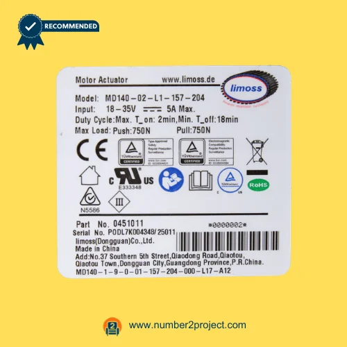 Limoss MD140-02-L1-157-204 linear actuator motor specification label showing 18–35V input 5A max with load ratings for power recliner and lift chair actuator Number2project
