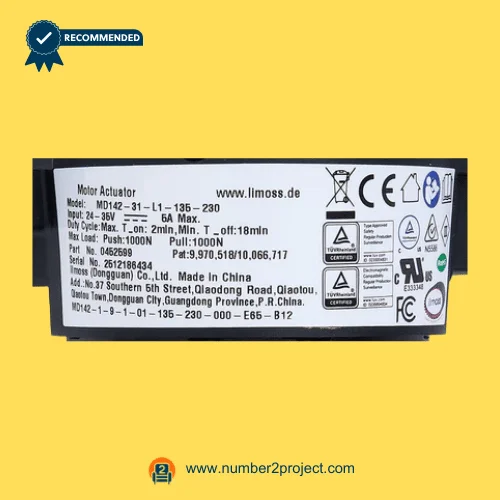 Limoss MD142-31-L1-135-230 linear actuator specification label showing 24–36V input 6A max and 1000N push pull load rating for recliner lift chair actuator Number2project