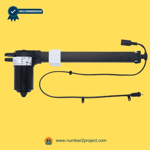 Limoss 452599 Linear Actuator MD142-31-L1-135-230 for Power Recliner Lift Chair – Front View Limoss 452599 MD142-31-L1-135-230 linear actuator motor with extension rail and dual connector cables for electric recliner and lift chair motion furniture replacement actuator Number2project