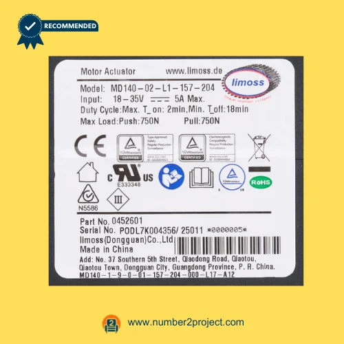 Limoss MD140-02-L1-157-204 linear actuator specification label showing 18–35V input 5A max and 750N push pull load rating for recliner lift chair actuator Number2project