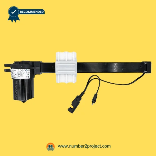 Limoss 452651 Linear Actuator MD142-108-L1-157-204 for ReclinerLift Chair – Front View Limoss 452651 MD142-108-L1-157-204 linear actuator for power recliner lift chair with long metal mounting rail and connector cable Number2project