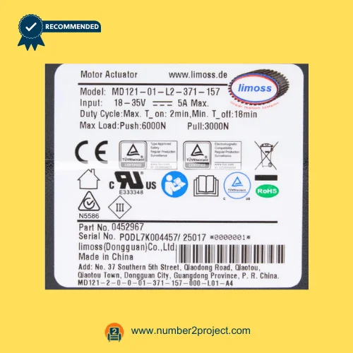Limoss MD121-01-L2-371-157 linear actuator specification label showing 18–35V input 5A max 6000N push rating recliner lift chair motor details Number2project