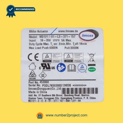 Limoss MD121-01-L3-371-157 linear actuator specification label showing 18–35V input 5A max 6000N push rating for recliner and lift chair actuator motor Number2project