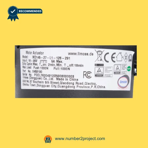 Limoss MD145-27-L1-126-291 linear actuator motor specification label showing 18–35V input 6A max with push and pull load ratings for recliner lift chair actuator Number2project