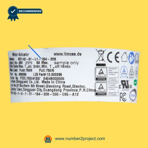 Limoss MD142-31-L1-154-206 LZB linear actuator label Part 10.000296 showing 24–36V input 6A max and 750N load rating for recliner lift chair motor Number2project
