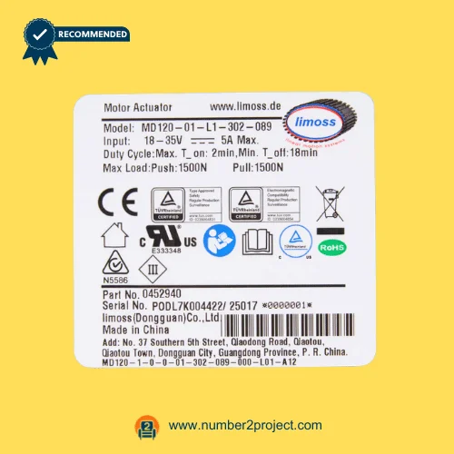 Limoss MD120-01-L1-302-089 linear actuator specification label 18-35V 5A motor recliner lift chair actuator identification sticker Number2project