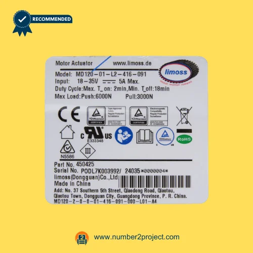 Limoss MD120-01-L2-416-091 linear actuator specification label 18-35V 5A recliner lift chair actuator identification sticker Number2project