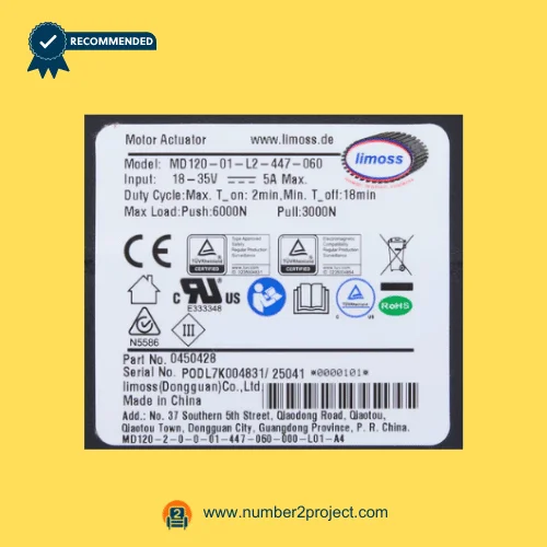 Limoss MD120-01-L2-447-060 linear actuator specification label 18-35V 5A recliner lift chair actuator identification sticker Number2project