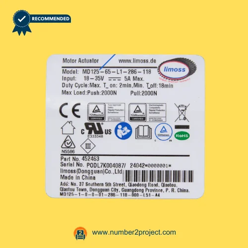 Limoss MD125-65-L1-286-118 linear actuator specification label 18-35V 5A recliner lift chair actuator identification sticker Number2project