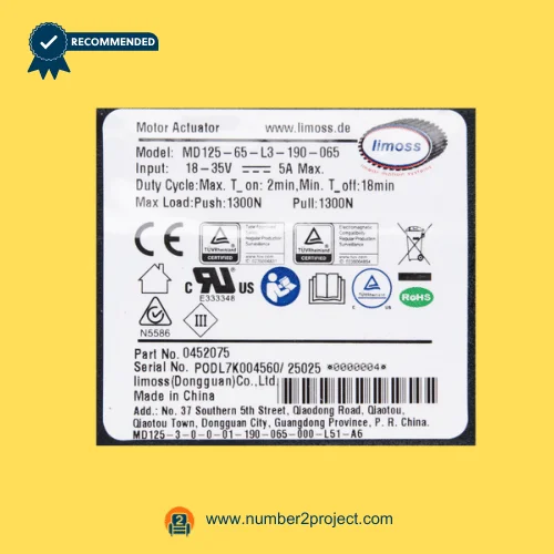 Limoss MD125-65-L3-190-065 linear actuator specification label 18-35V 5A recliner lift chair actuator identification sticker Number2project