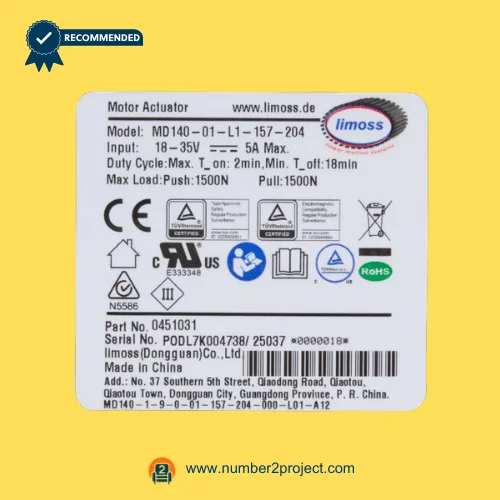 Limoss MD140-01-L1-157-204 linear actuator specification label 18-35V 5A recliner lift chair actuator identification sticker Number2project