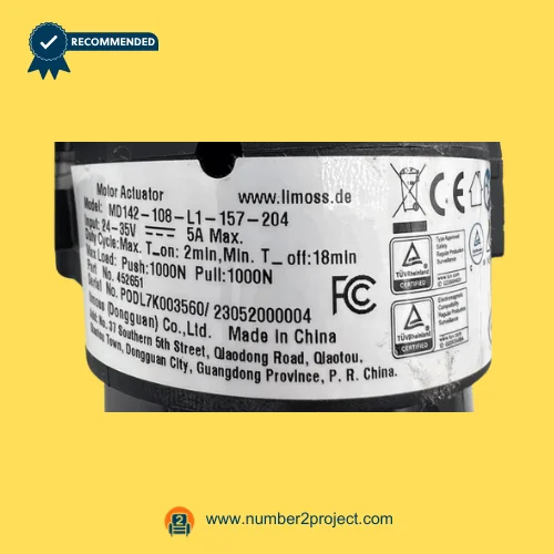 Limoss MD142-108-L1-157-204 linear actuator specification label 24-35V 5A recliner lift chair actuator identification sticker Number2project