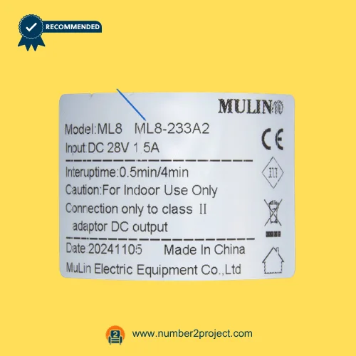 MULIN ML8-233A2 linear actuator label close up showing DC28V 1.5A input recliner lift chair motor specifications Number2project