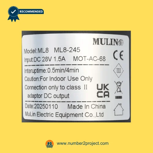 MULIN ML8-245 MOT-AC-68 actuator label specifications DC 28V 1.5A recliner lift chair motor rating plate close up Number2project