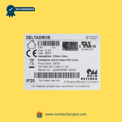 OKIN DELTADRIVE B15227 linear actuator label close up showing 24V 50W intermittent 0.5min on 4min off specification Number2project