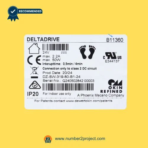 OKIN Deltadrive B11360 actuator label close up showing 24V 50W specification for adjustable bed foot motor Number2project