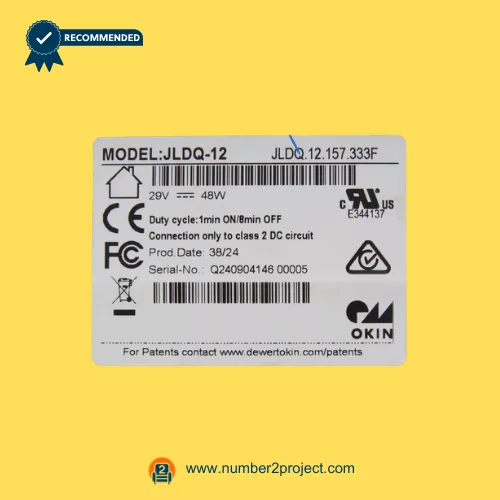 OKIN JLDQ-12 JLDQ.12.157.333F linear actuator specification label showing 29V 48W rating and serial number detail close up Number2project