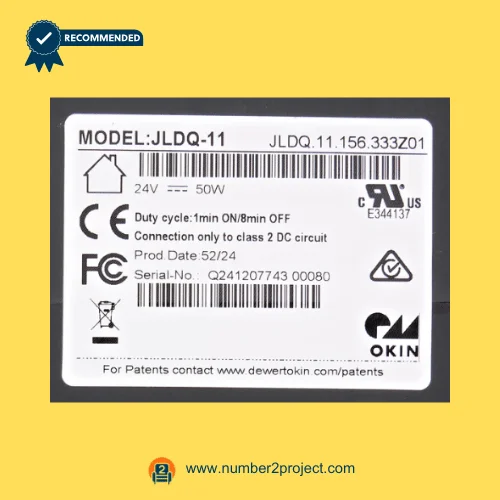 OKIN JLDQ.11.156.333Z01 linear actuator label close up showing 24V 50W duty cycle specifications for recliner lift chair actuator Number2project