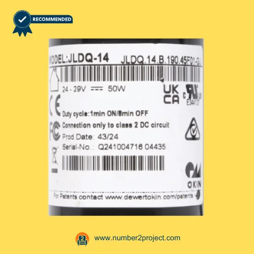 OKIN JLDQ.14.B.190.45F01-GJ linear actuator label close up showing model JLDQ-14 24-29V 50W recliner lift chair motor specification sticker Number2project