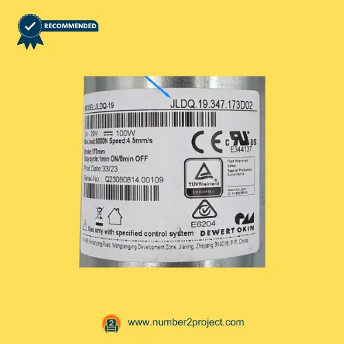 OKIN JLDQ.19.347.173D02 linear actuator label close up showing 24-29V 100W 4.5mm/s specification Number2project