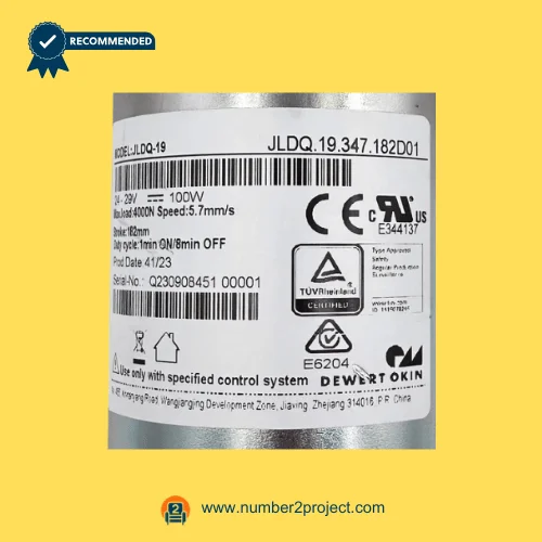 OKIN JLDQ.19.347.182D01 linear actuator label close up showing 24-29V 100W specification and 5.7mm/s speed Number2project