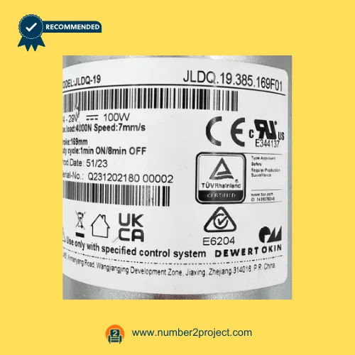OKIN JLDQ.19.385.169F01 linear actuator label close up showing 24-29V 100W and 7mm/s speed specification Number2project