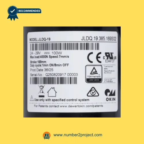 OKIN JLDQ.19.385.169S02 linear actuator specification label 24-29V 100W recliner lift chair actuator identification sticker Number2project