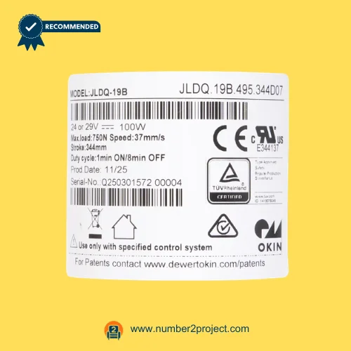 OKIN JLDQ.19B.495.344D07 linear actuator label close up showing 24-29V 100W and 37mm stroke specification Number2project